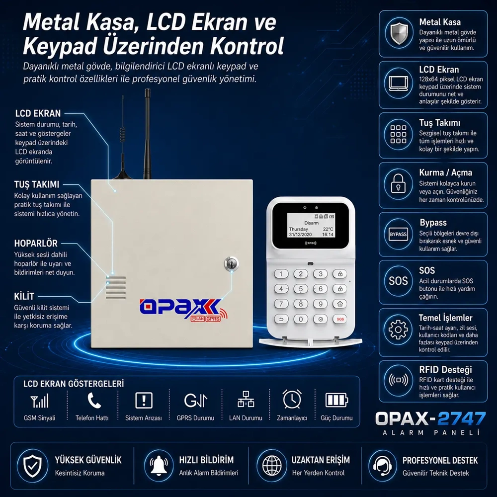 OPAX-2747 GPRS/GSM/LAN Keypadli Kablolu ve Kablosuz 4G Alarm Paneli