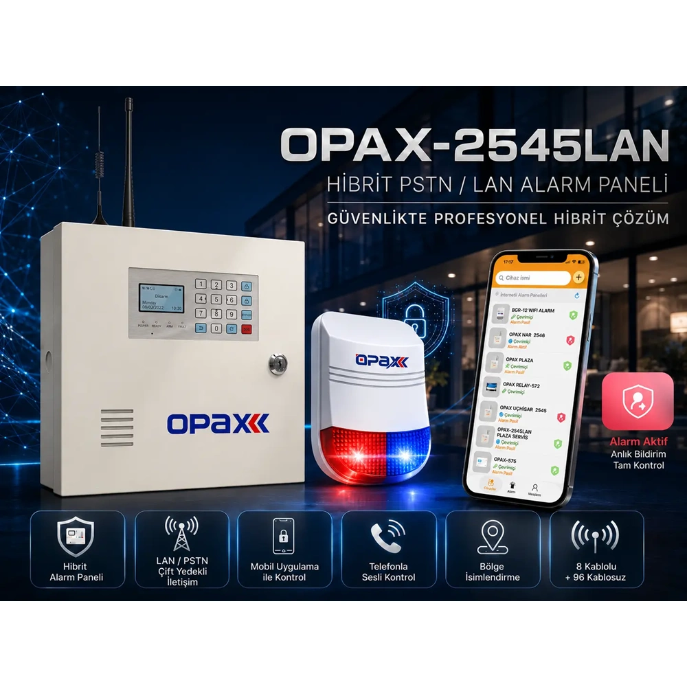 OPAX-2545LAN BGR-10 Kablolu Sirenli Akülü LAN/PSTN Ev ve İşyeri Alarm Seti