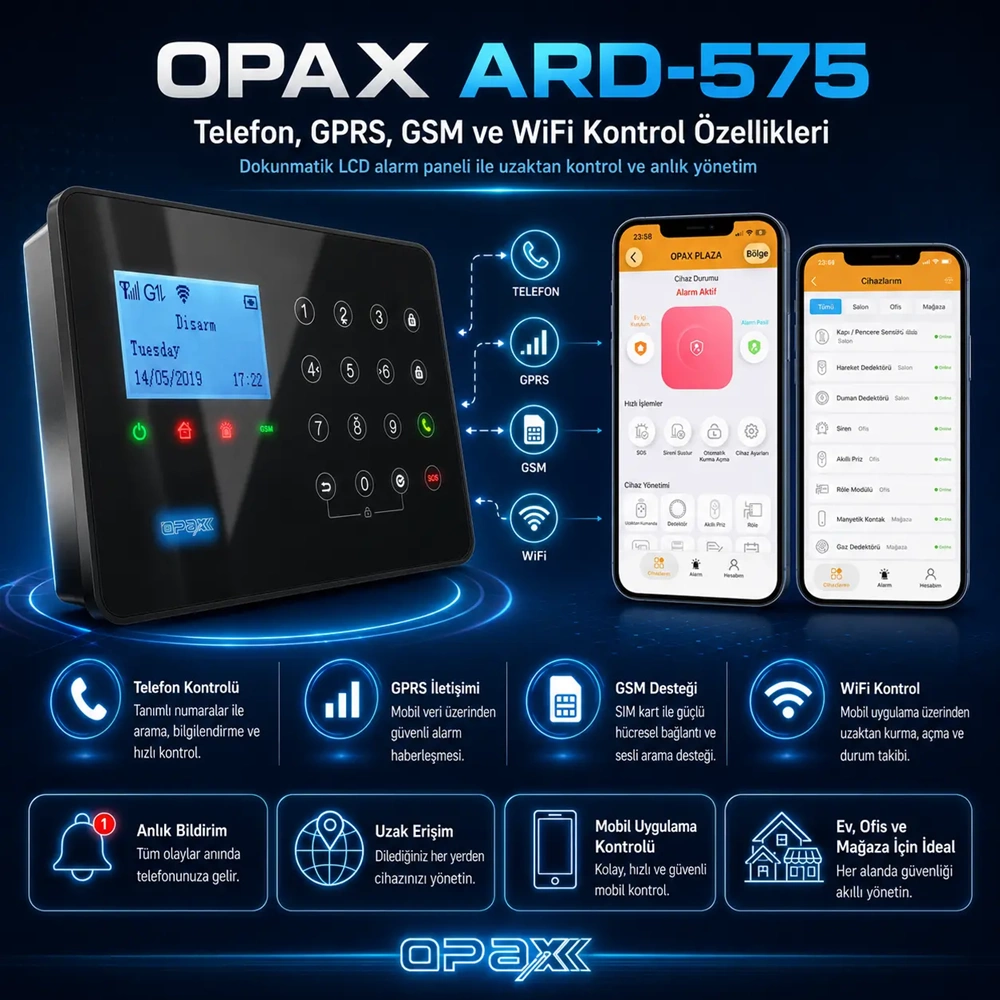 ARD-575 Siyah GPRS/GSM/WiFi Dokunmatik Kablolu Kablosuz Ev ve İşyeri Alarm Paneli