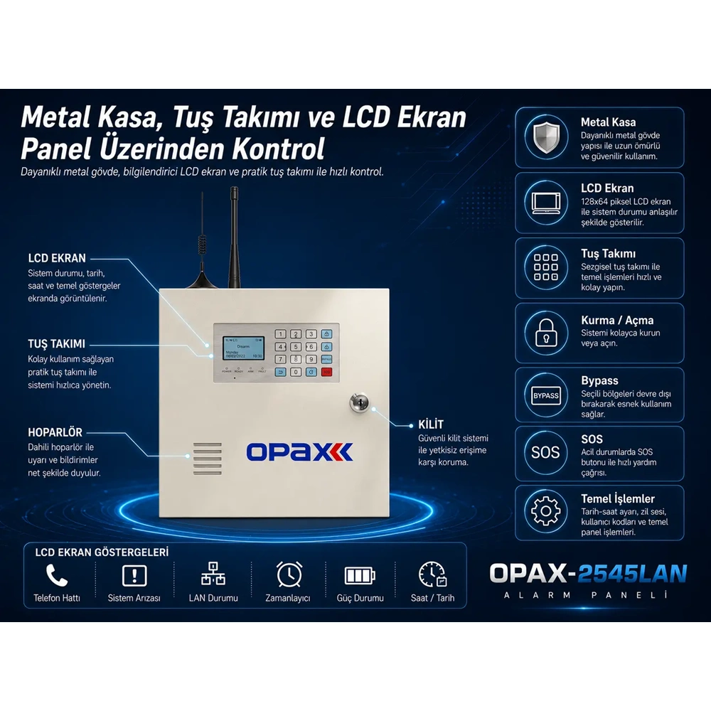 OPAX-2545LAN PSTN & LAN Network Kablolu ve Kablosuz Alarm Paneli