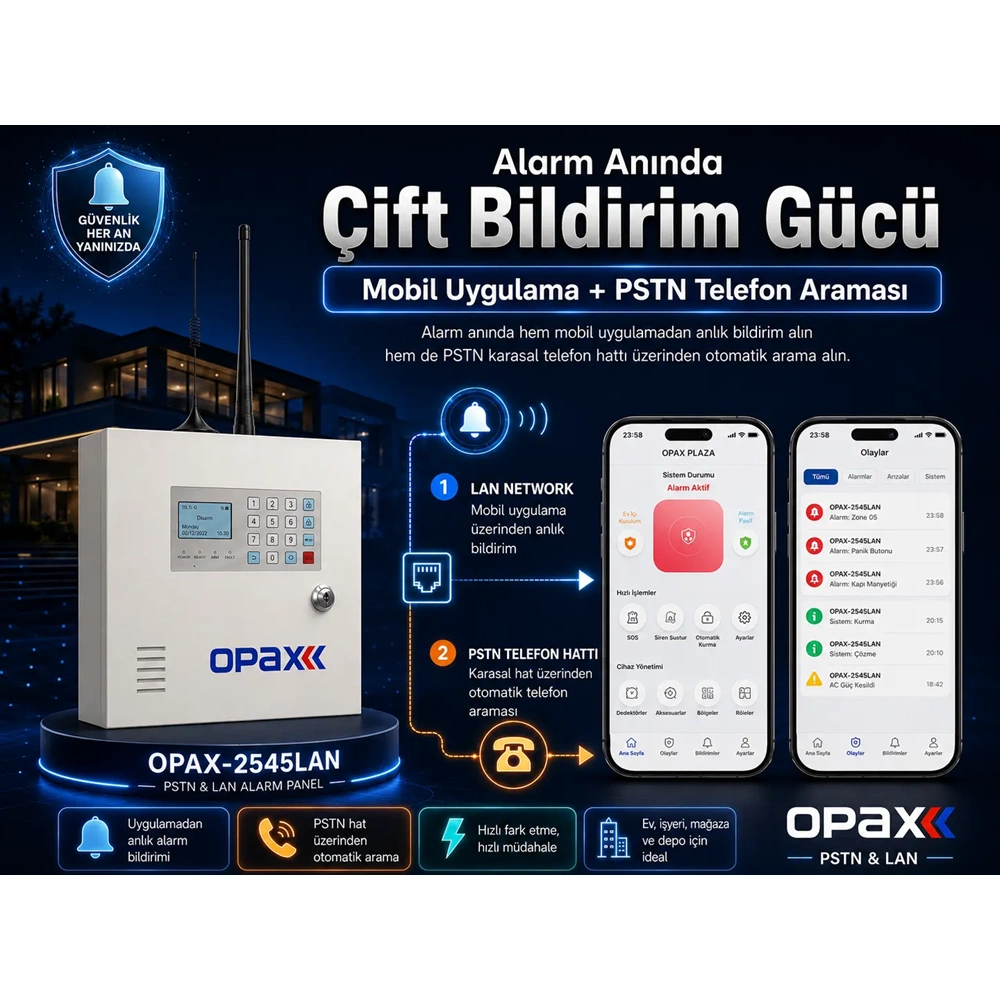 OPAX-2545LAN PSTN & LAN Network Kablolu ve Kablosuz Alarm Paneli