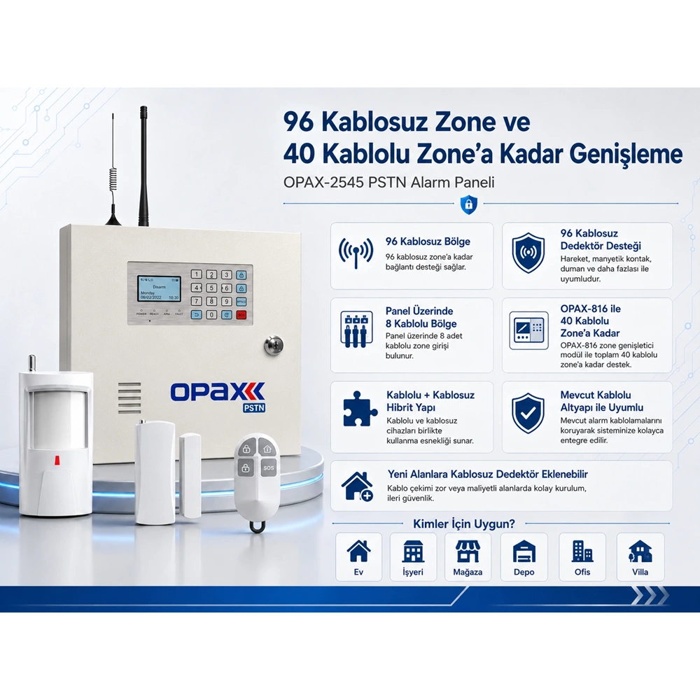 OPAX-2545 PSTN Kablolu ve Kablosuz Alarm Paneli