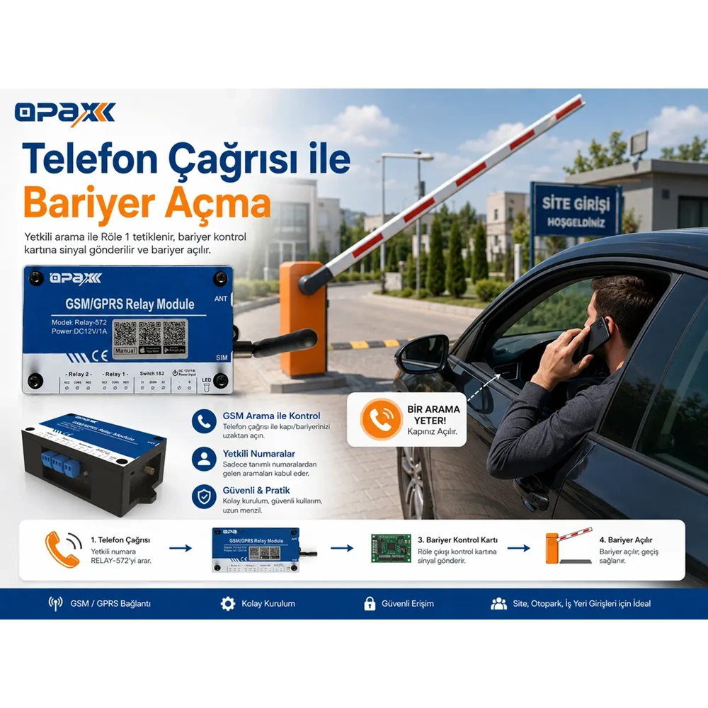 RELAY-572 GSM / GPRS Röle Modülü Mobil Uygulama ile Bariyer / Kapı / Motor Kontrol ve Açma Sistemi