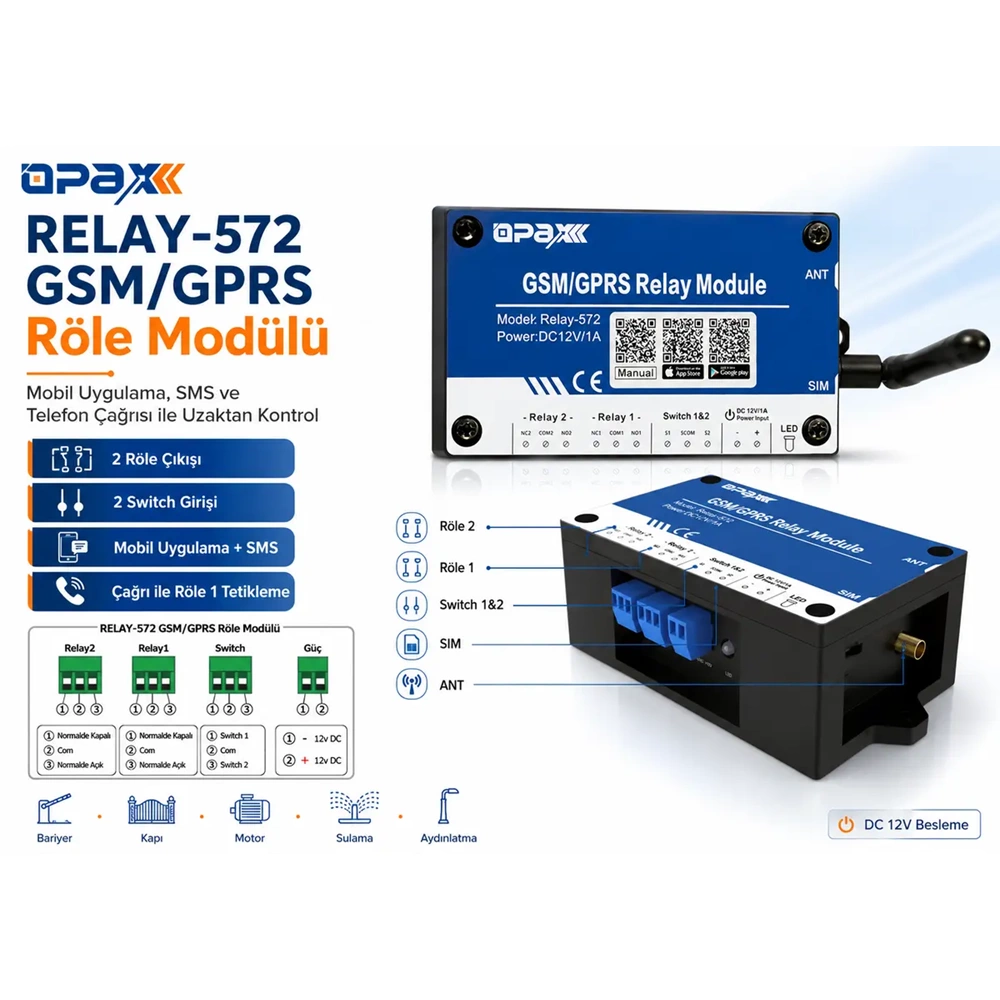 RELAY-572 GSM / GPRS Röle Modülü Mobil Uygulama ile Bariyer / Kapı / Motor Kontrol ve Açma Sistemi