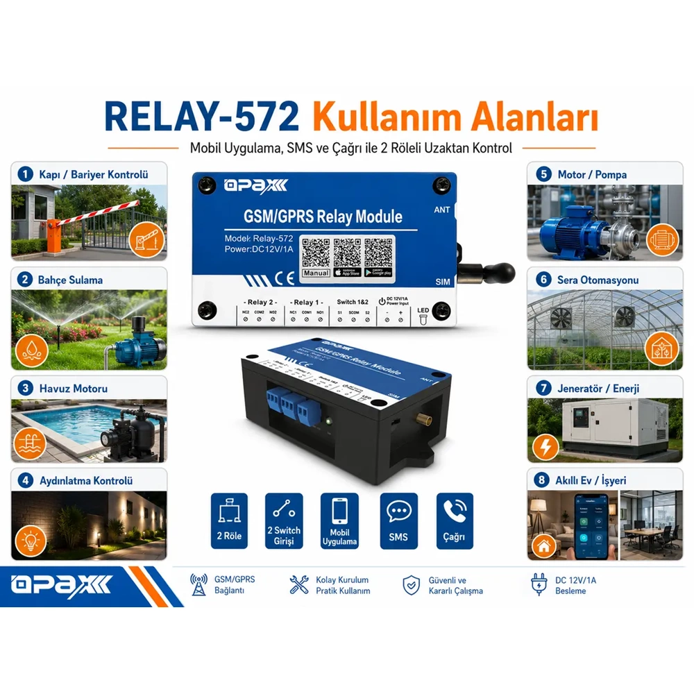 RELAY-572 GSM / GPRS Röle Modülü Mobil Uygulama ile Bariyer / Kapı / Motor Kontrol ve Açma Sistemi