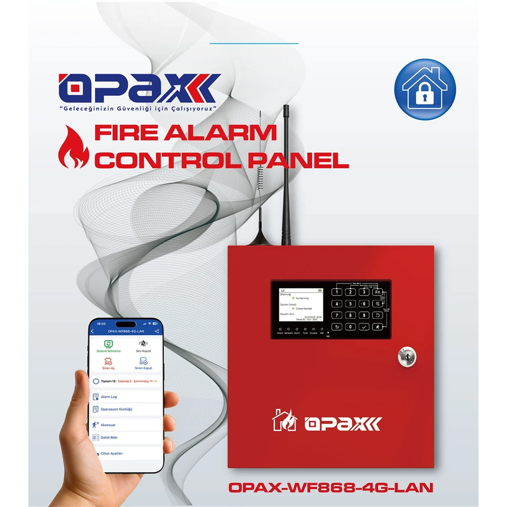 OPAX-WF868-4G-LAN Adresli Kablosuz Yangın Alarm Kontrol Paneli (868mhz) EN-54 Sertifikalı