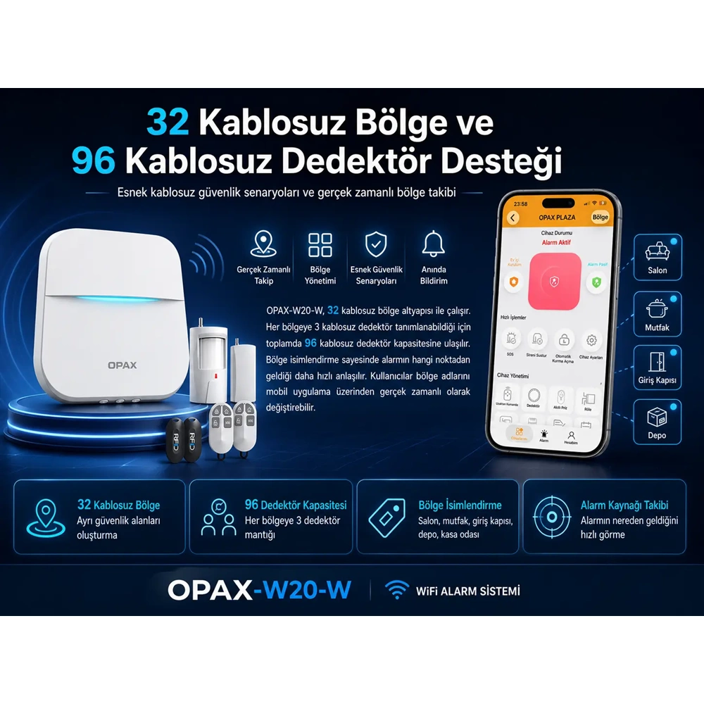 OPAX-W20-W Beyaz BGR-09 Kablosuz Sirenli Akülü WiFi Ev ve İşyeri Alarm Seti
