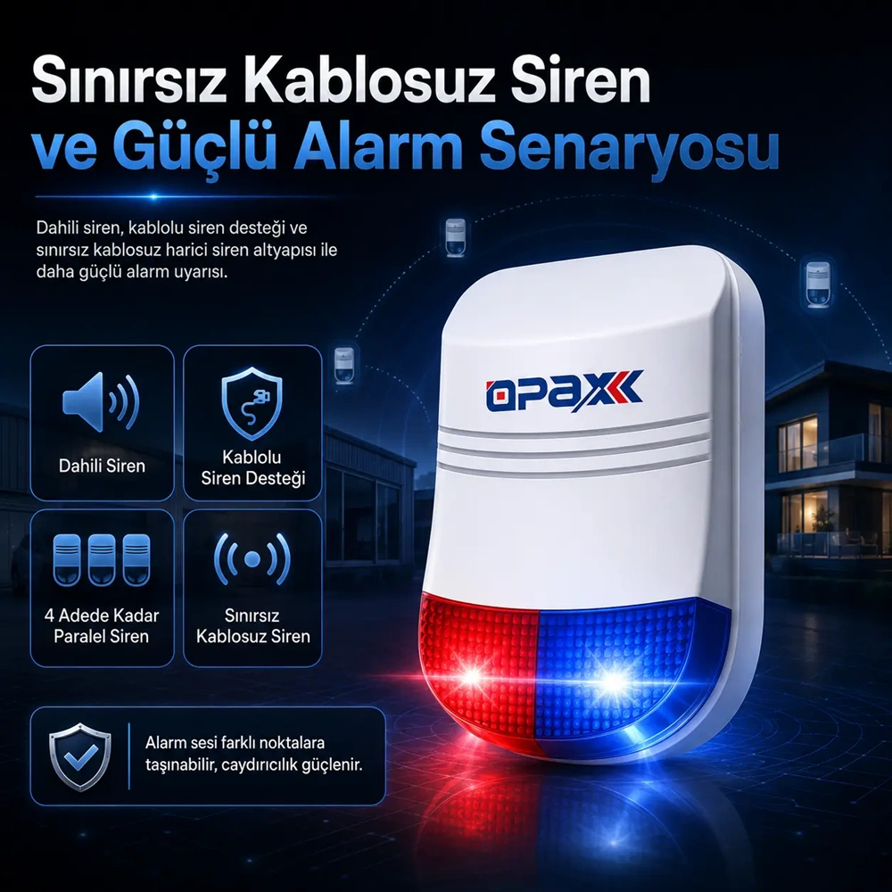 OPAX-W20-BEYAZ+BGR-09 GPRS I WİFİ & BGR-09 KABLOSUZ SİRENLİ ALARM SİSTEMİ (1 YIL AHM ÜCRETSİZ)