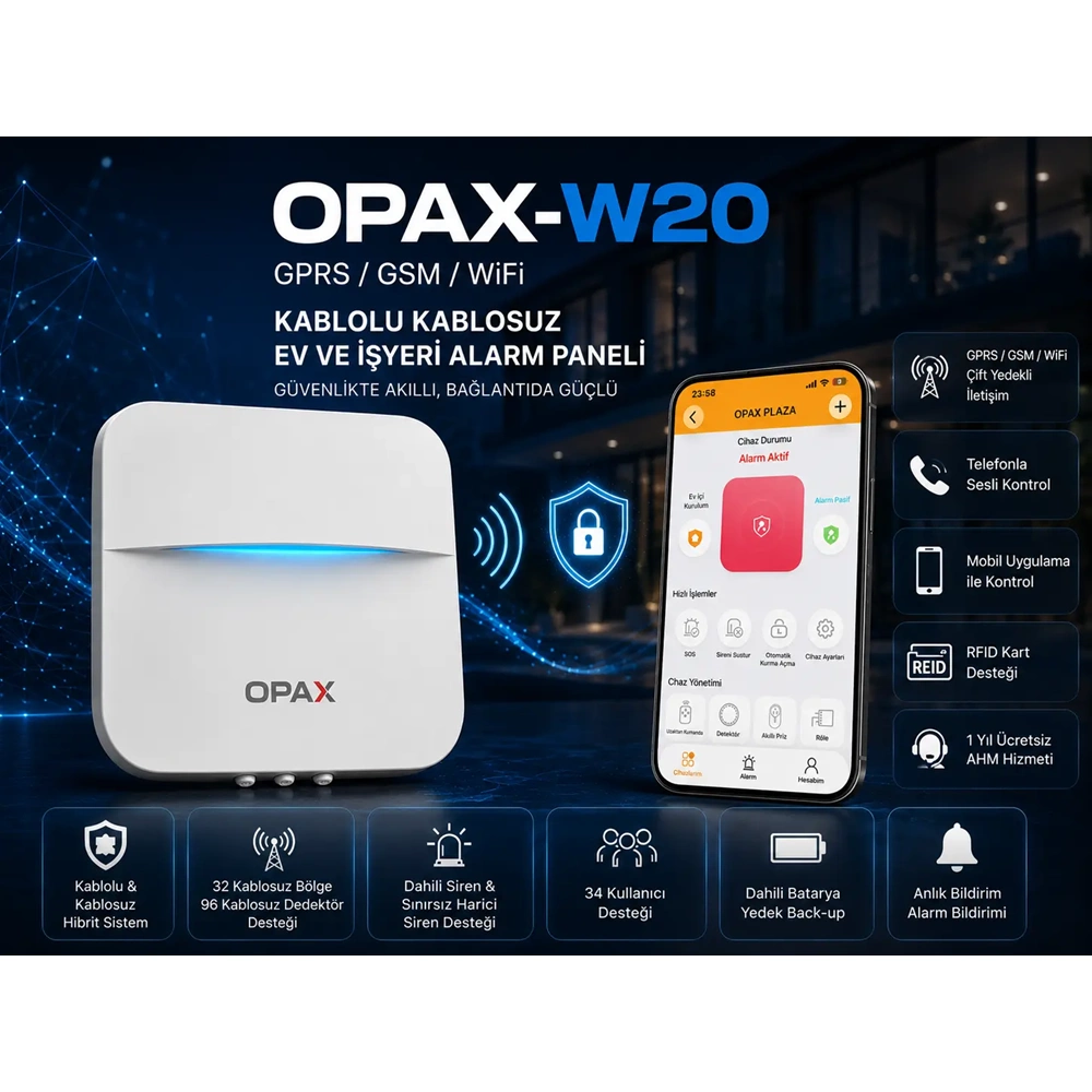 OPAX-W20-BEYAZ+BGR-09 GPRS I WİFİ & BGR-09 KABLOSUZ SİRENLİ ALARM SİSTEMİ (1 YIL AHM ÜCRETSİZ)