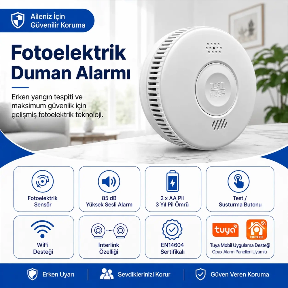OPAX WiFi + RF Interlink Akıllı Duman Dedektörü | Tuya Uyumlu Kablosuz Yangın Alarm Dedektörü