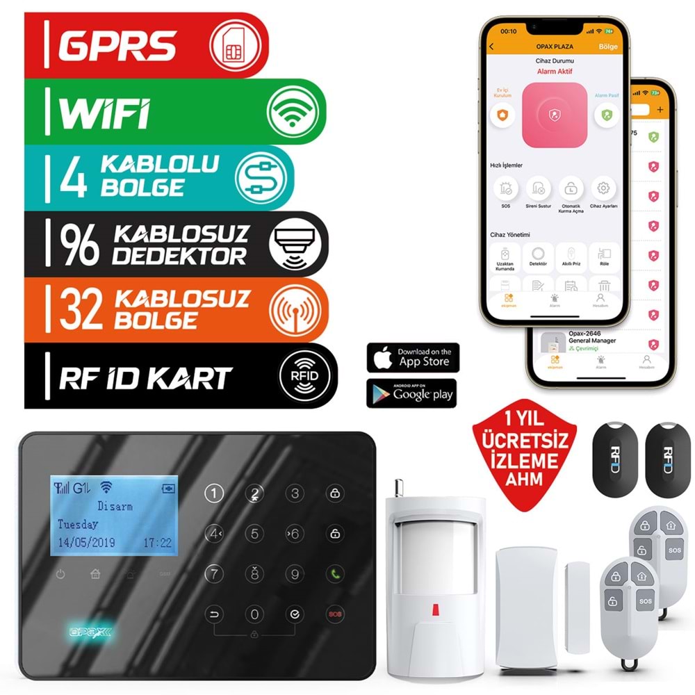 ARD-575 Siyah GPRS/GSM/WiFi 4G Dokunmatik Kablolu Kablosuz Ev ve İşyeri Alarm Paneli