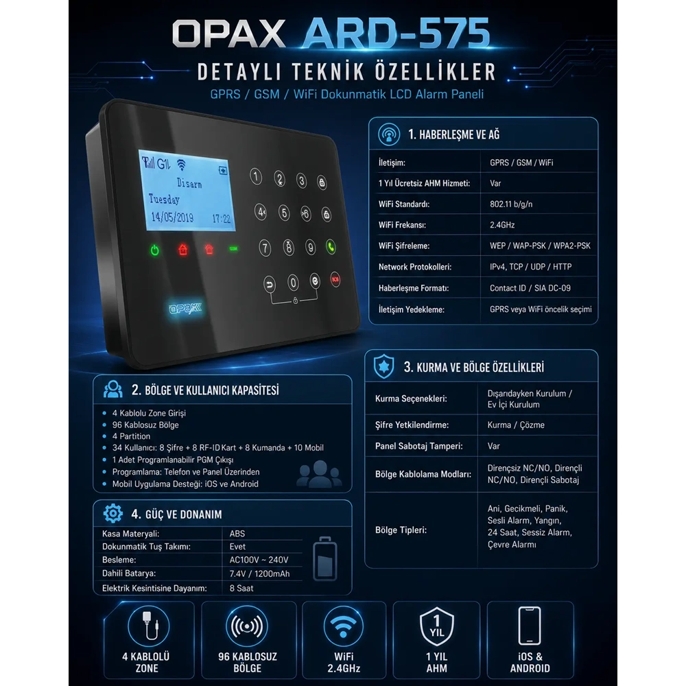 ARD-575 Siyah GPRS/GSM/WiFi 4G Dokunmatik Kablolu Kablosuz Ev ve İşyeri Alarm Paneli