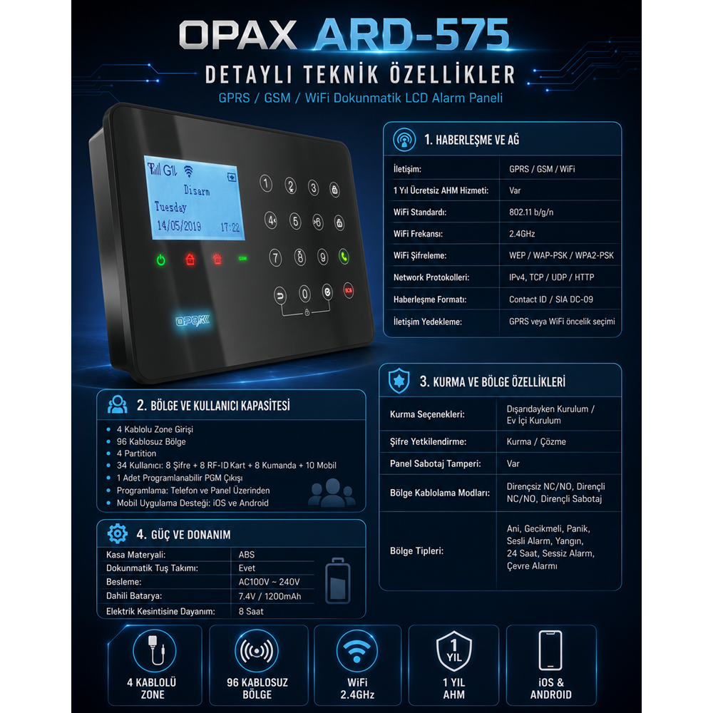 ARD-575 Siyah GPRS/GSM/WiFi 4G Dokunmatik Kablolu Kablosuz Ev ve İşyeri Alarm Paneli
