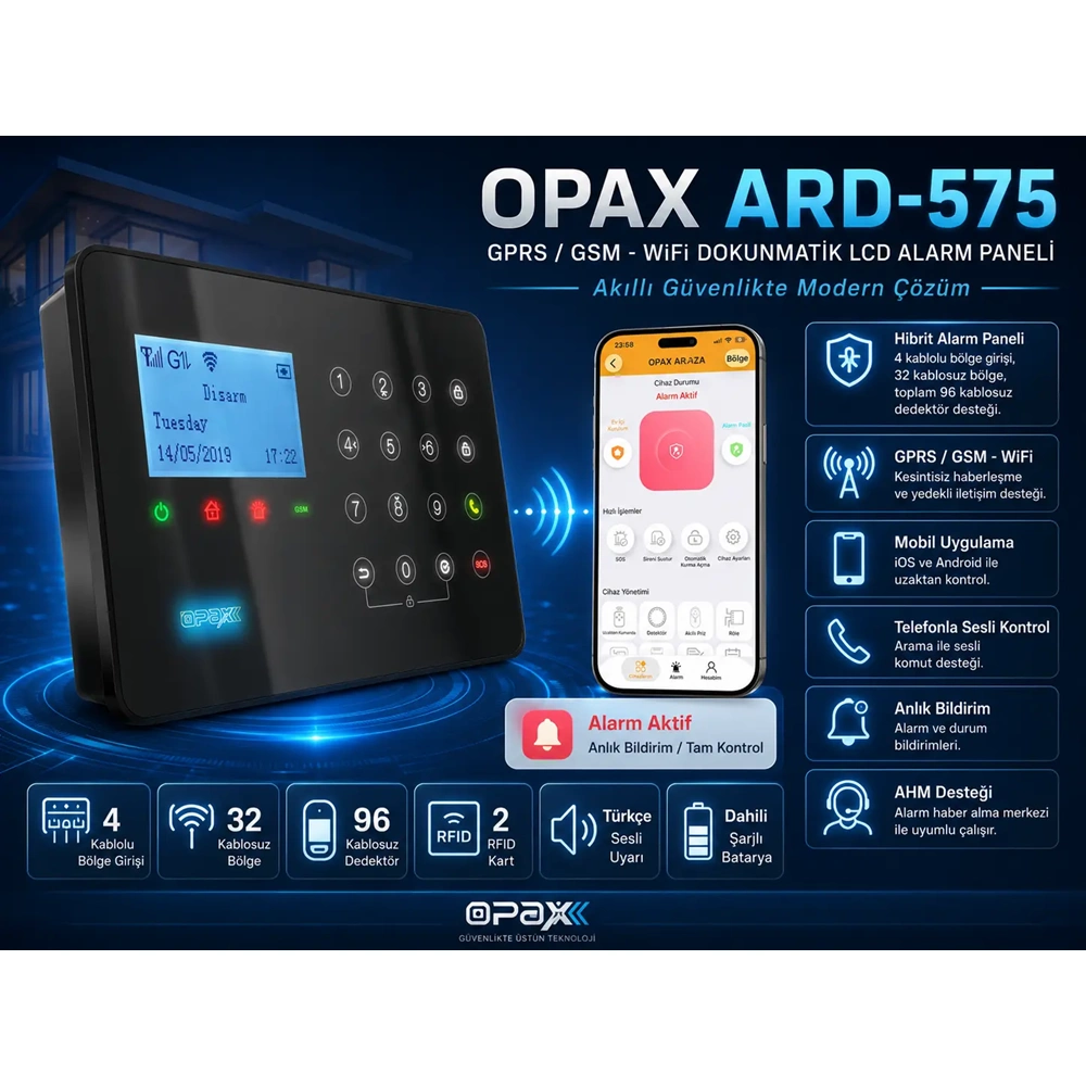 ARD-575 Siyah GPRS/GSM/WiFi 4G Dokunmatik Kablolu Kablosuz Ev ve İşyeri Alarm Paneli