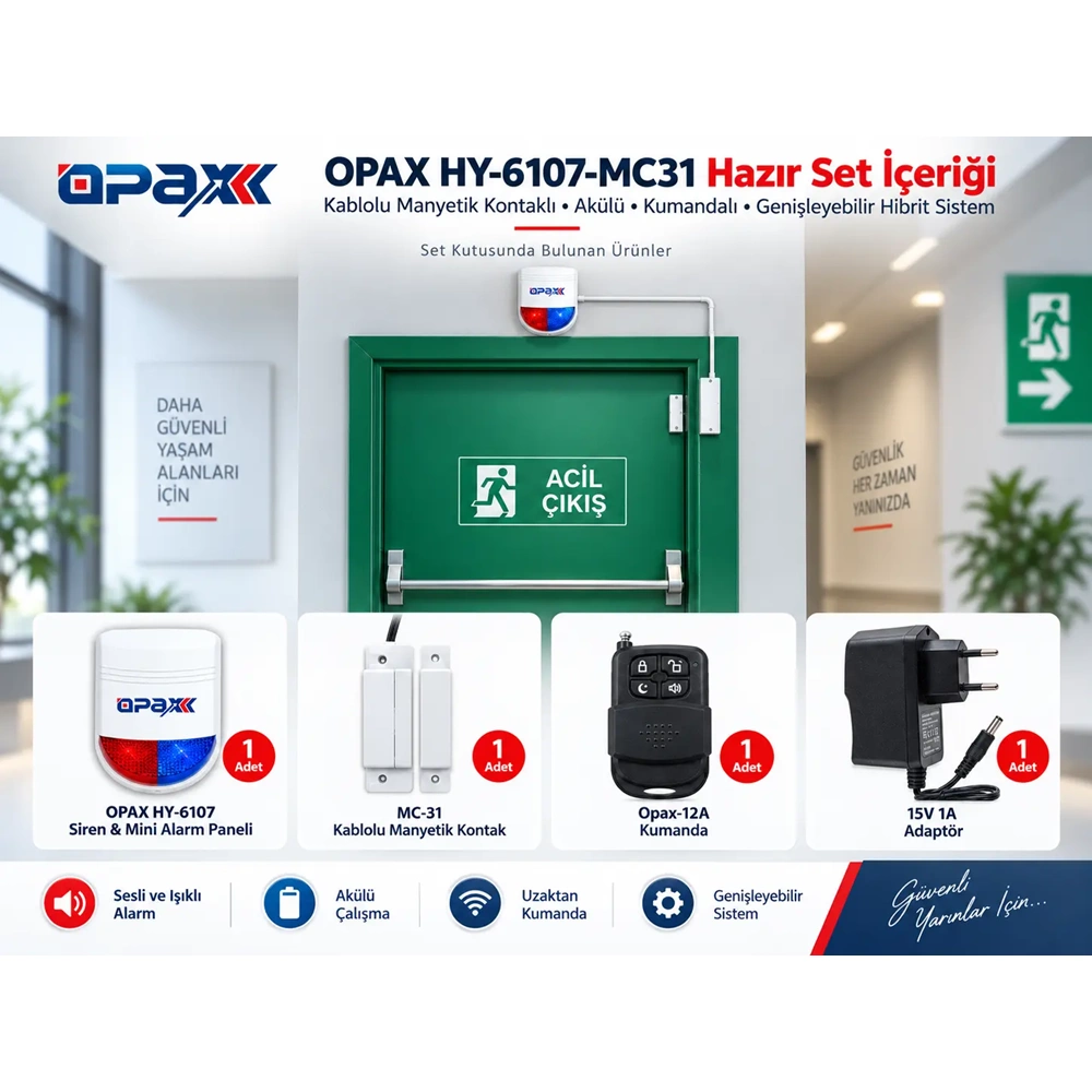OPAX HY-6107-MC31 Kablolu Acil Çıkış Kapısı Alarm Sistemi Seti