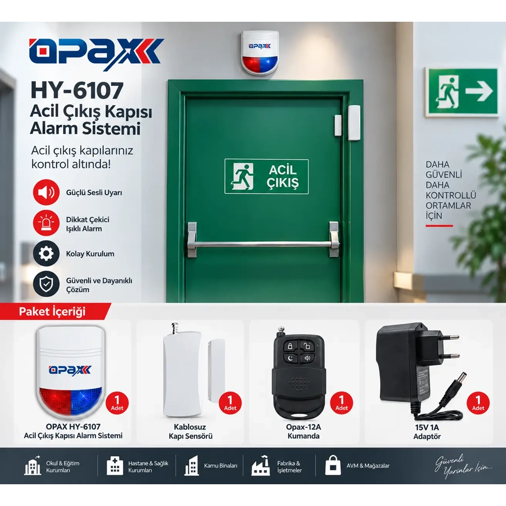 OPAX HY-6107-ARD2005 Kablosuz Acil Çıkış Kapısı Alarm Sistemi Seti