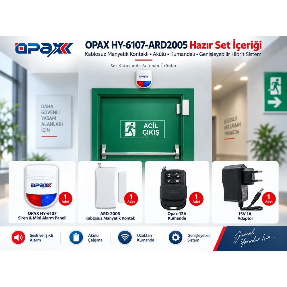 OPAX HY-6107-ARD2005 Kablosuz Acil Çıkış Kapısı Alarm Sistemi Seti