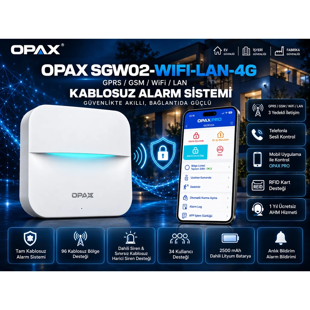 OPAX SGW02-WIFI-LAN-4G GSM GPRS WiFi LAN Kablosuz Alarm Sistemi