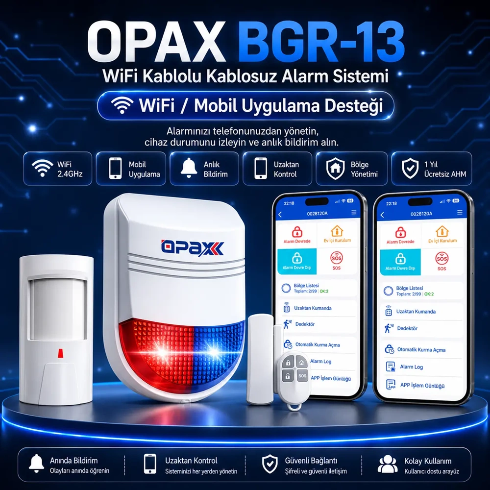 OPAX BGR-13 WiFi Kablolu & Kablosuz Alarm Sistemi – 96 Kablosuz Bölge, 1 Yıl Ücretsiz AHM
