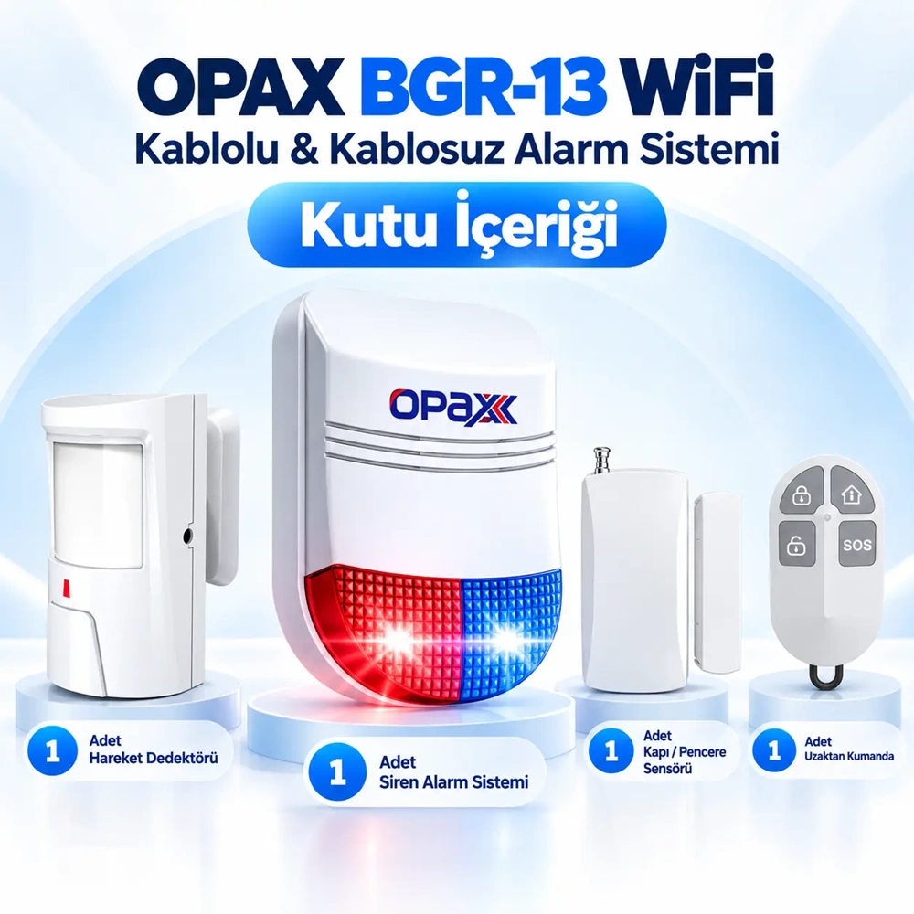 OPAX BGR-13 WiFi Kablolu & Kablosuz Alarm Sistemi – 96 Kablosuz Bölge, 1 Yıl Ücretsiz AHM