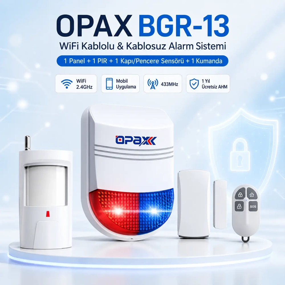 OPAX BGR-13 WiFi Kablolu & Kablosuz Alarm Sistemi – 96 Kablosuz Bölge, 1 Yıl Ücretsiz AHM