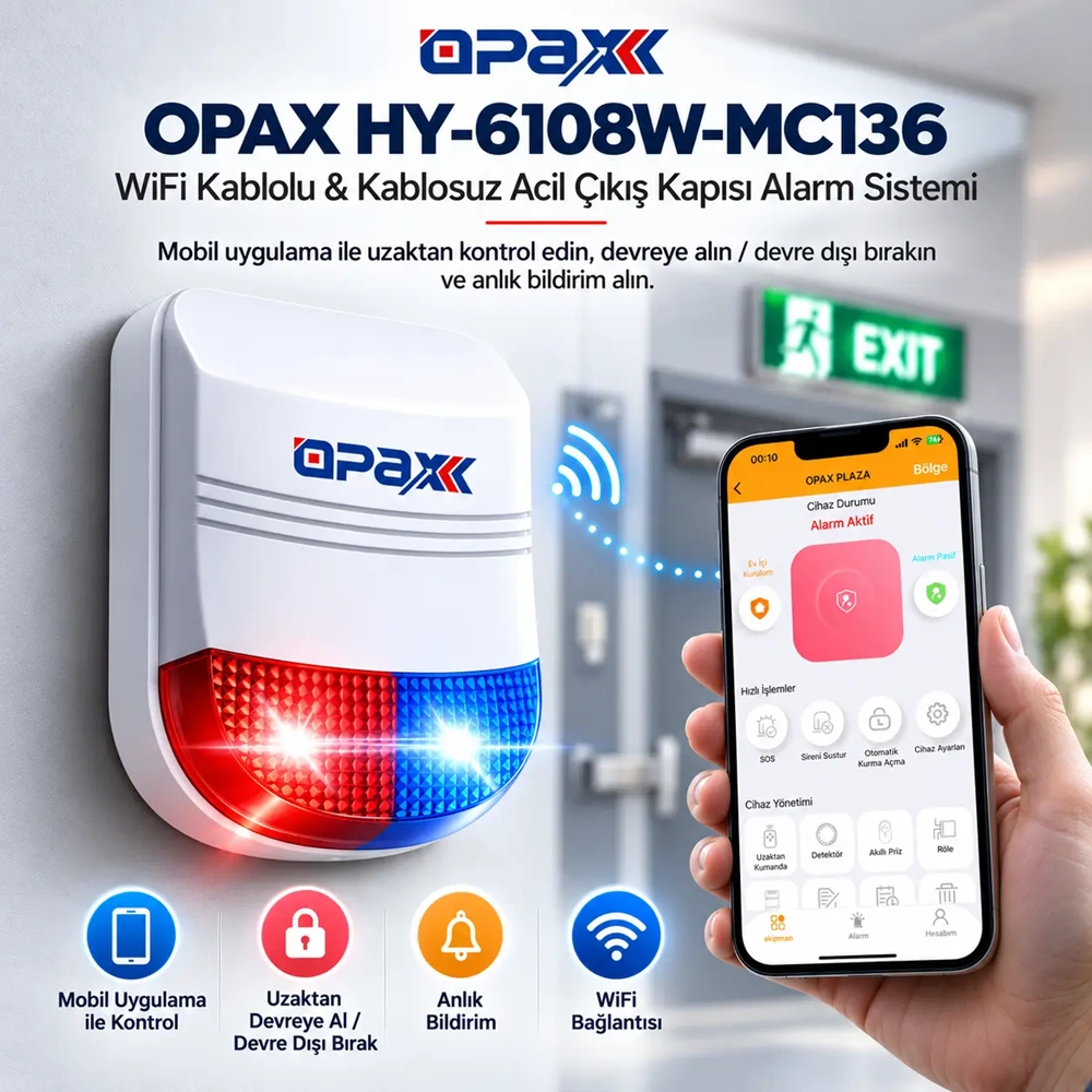 OPAX HY-6108W-MC136 WiFi Kablolu & Kablosuz Acil Çıkış Kapısı Alarm Sistemi