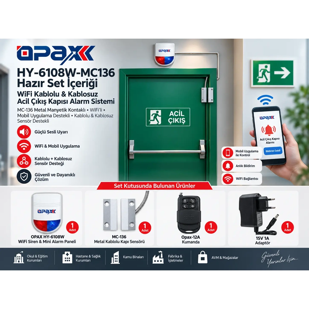 OPAX HY-6108W-MC136 WiFi Kablolu & Kablosuz Acil Çıkış Kapısı Alarm Sistemi
