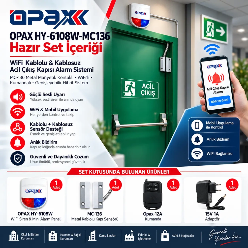 OPAX HY-6108W-MC136 WiFi Kablolu & Kablosuz Acil Çıkış Kapısı Alarm Sistemi