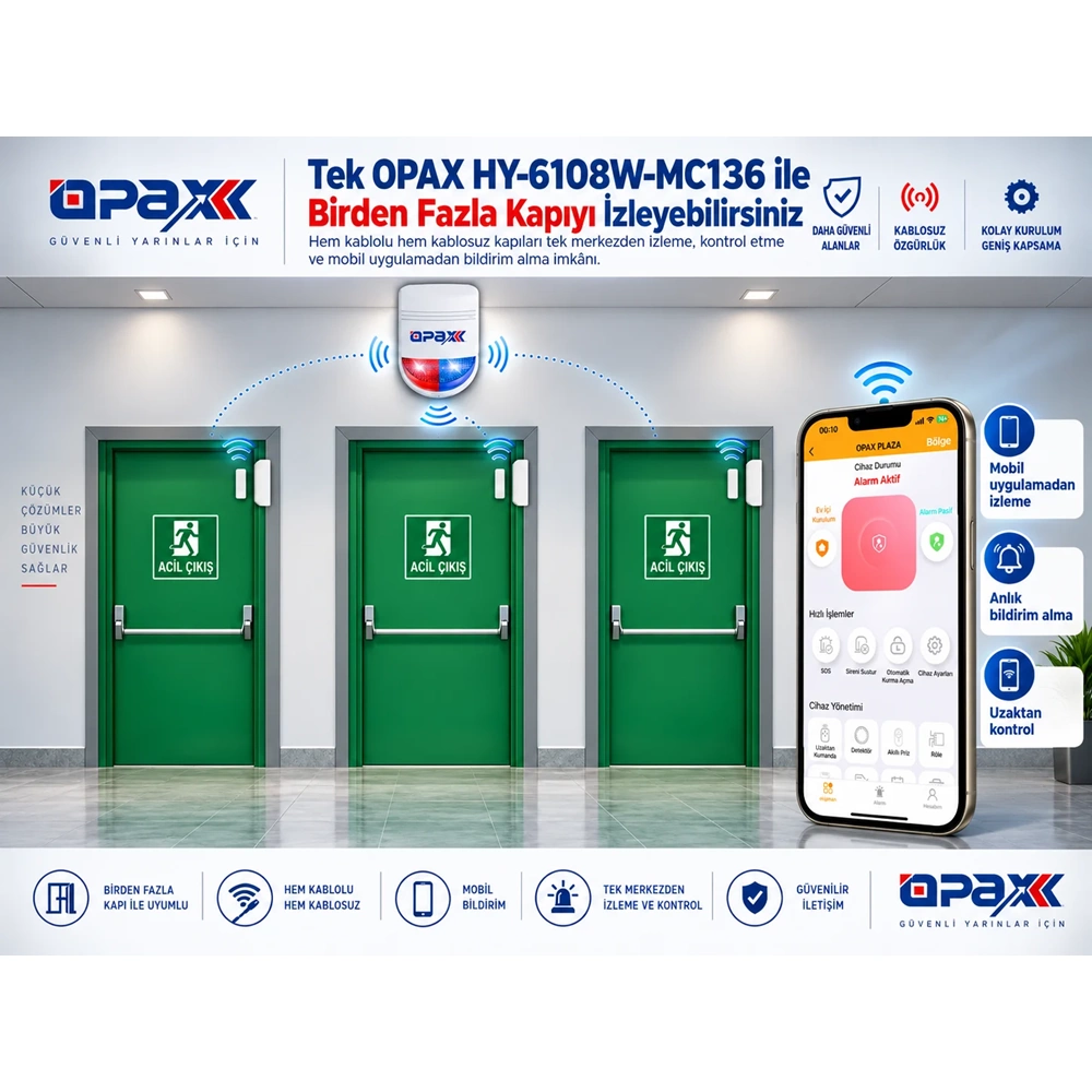OPAX HY-6108W-MC136 WiFi Kablolu & Kablosuz Acil Çıkış Kapısı Alarm Sistemi