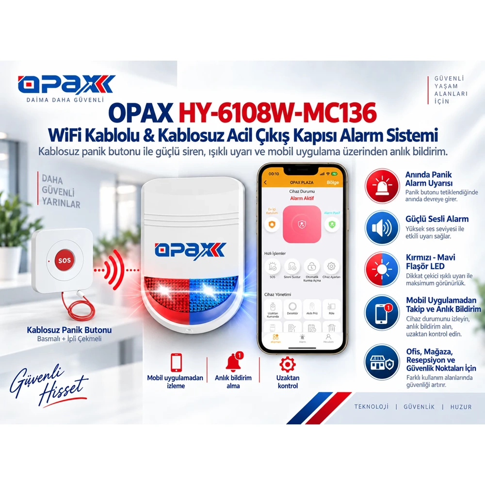OPAX HY-6108W-MC136 WiFi Kablolu & Kablosuz Acil Çıkış Kapısı Alarm Sistemi