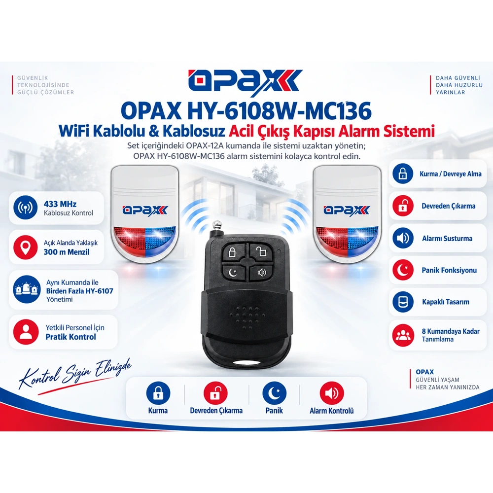 OPAX HY-6108W-MC136 WiFi Kablolu & Kablosuz Acil Çıkış Kapısı Alarm Sistemi