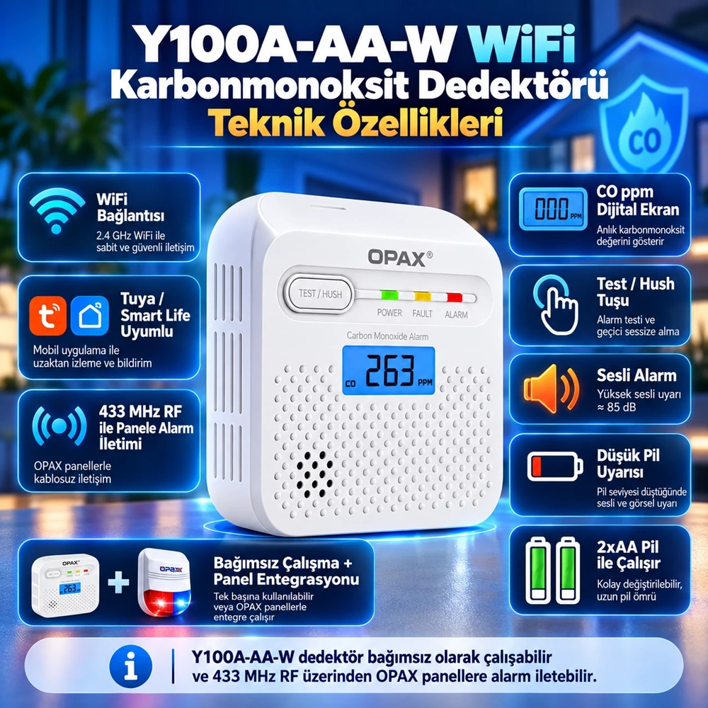 OPAX CO-13RFWF WiFi + RF Kablosuz Karbonmonoksit Alarm Sistemi
