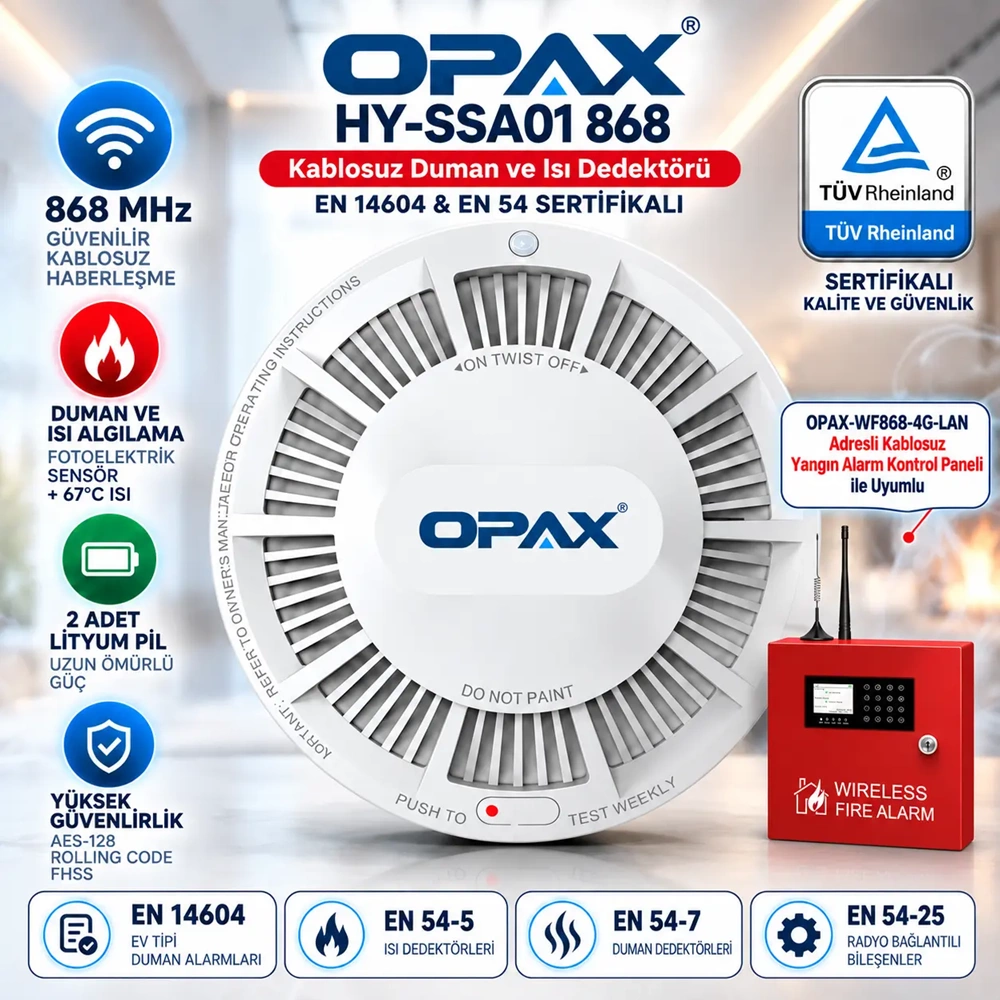 OPAX HY-SSA01 868 MHz Kablosuz Duman ve Isı Dedektörü | EN 14604 & EN 54