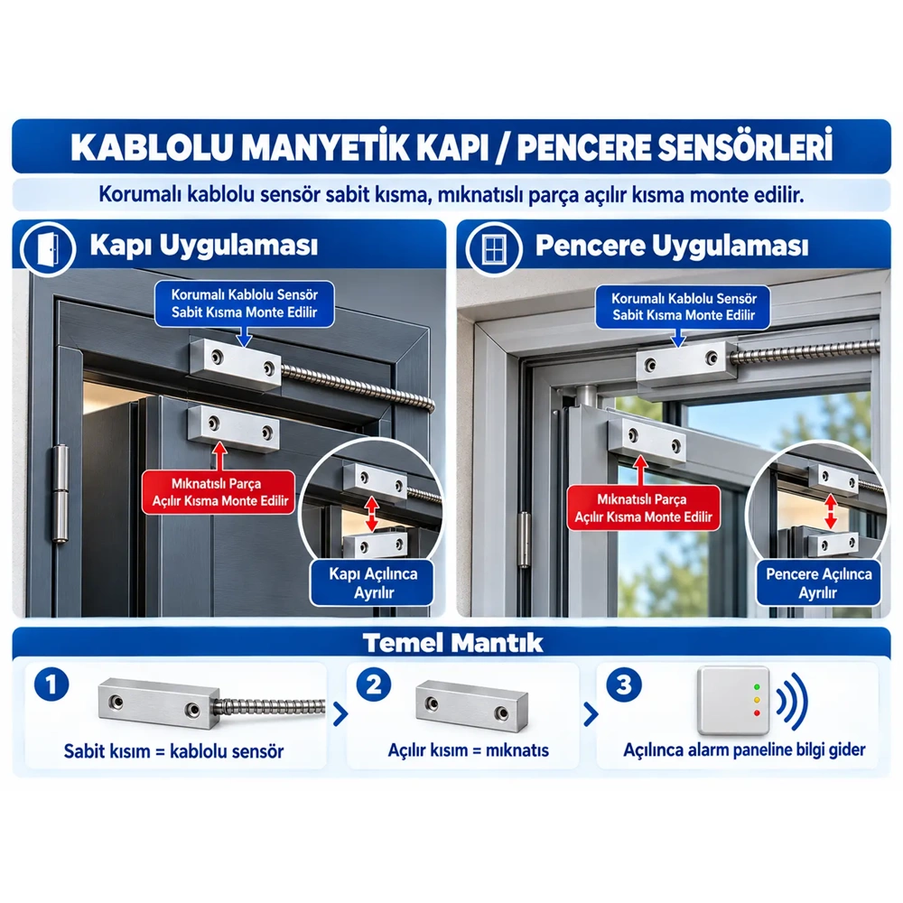 OPAX MC-136 Metal Kablolu Manyetik Kontak | Kapı Sensörü, Pencere Sensörü ve Kepenk Sensörü
