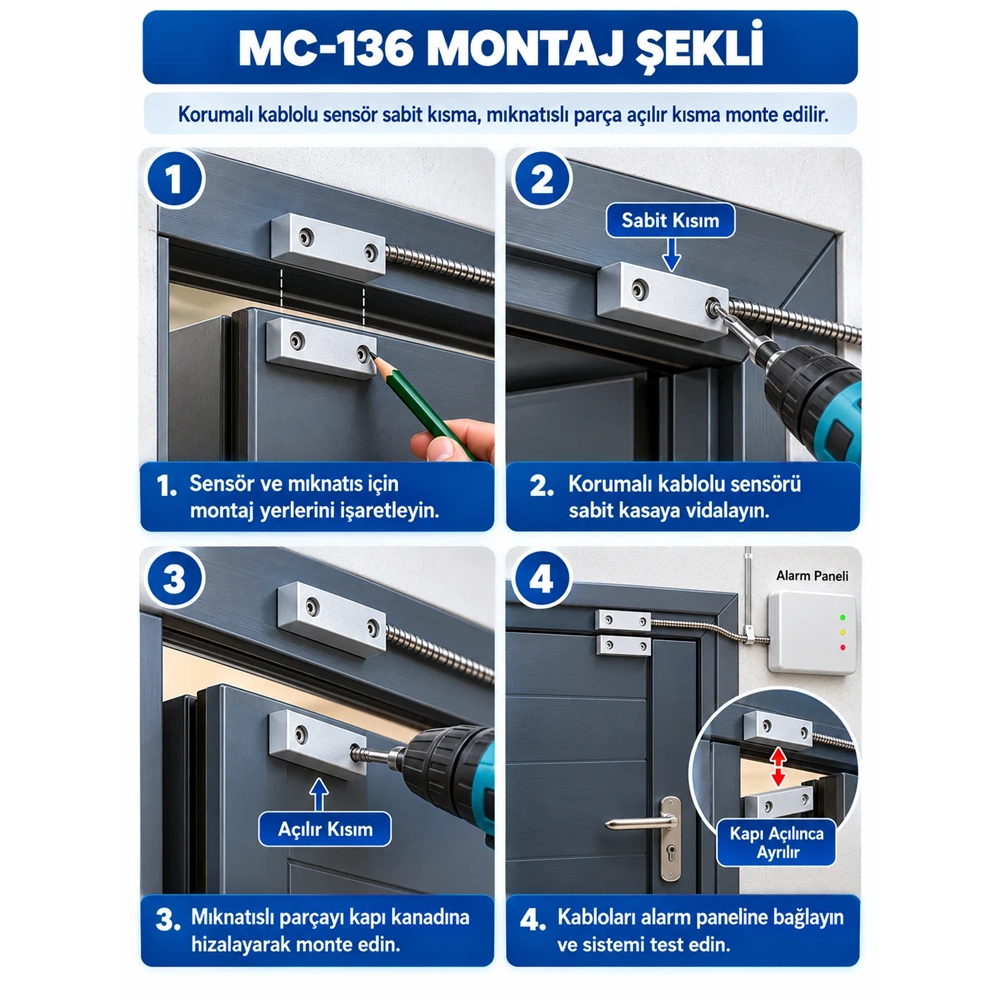 OPAX MC-136 Metal Kablolu Manyetik Kontak | Kapı Sensörü, Pencere Sensörü ve Kepenk Sensörü