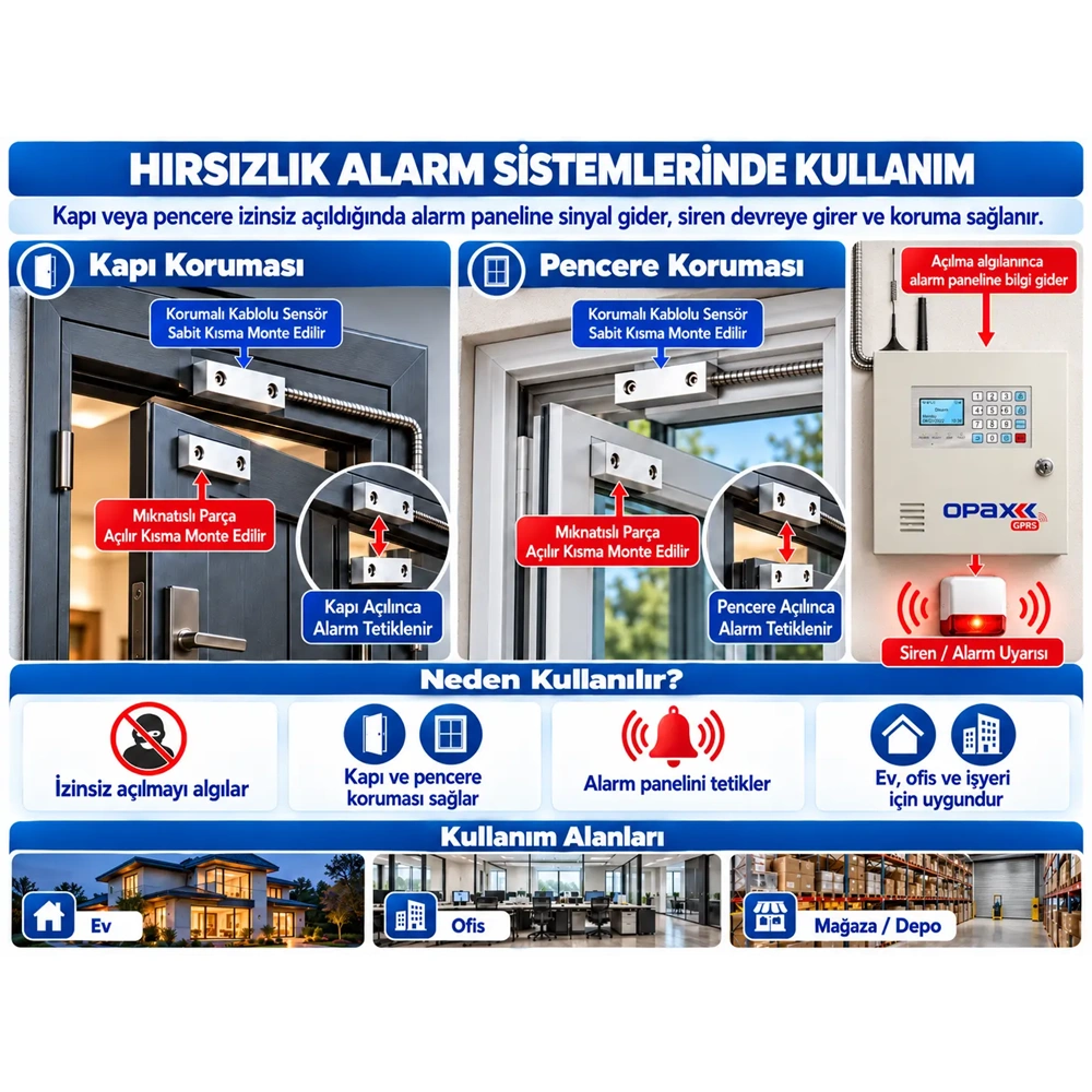 OPAX MC-136 Metal Kablolu Manyetik Kontak | Kapı Sensörü, Pencere Sensörü ve Kepenk Sensörü