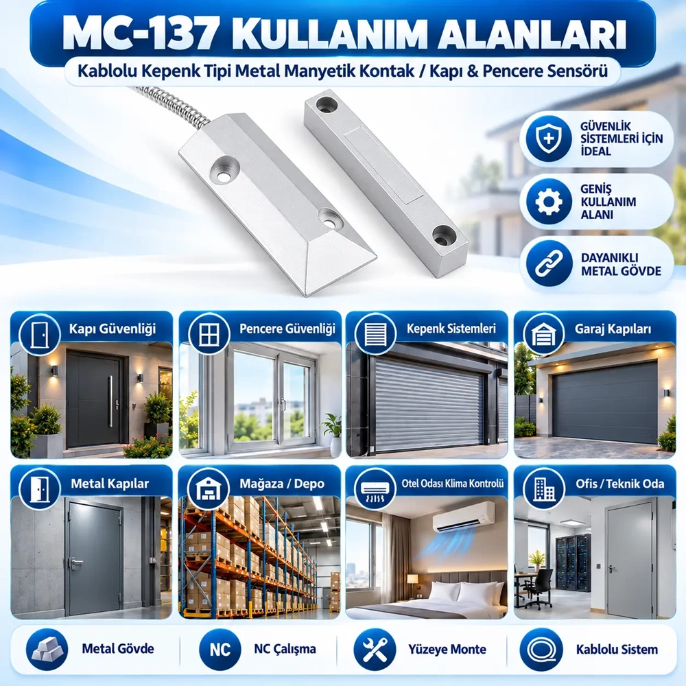 OPAX MC-137 Kablolu Metal Manyetik Kontak | Kepenk, Kapı, Pencere ve Garaj Kapısı Sensörü