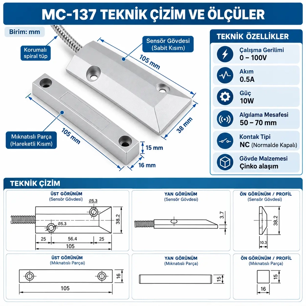 OPAX MC-137 Kablolu Metal Manyetik Kontak | Kepenk, Kapı, Pencere ve Garaj Kapısı Sensörü