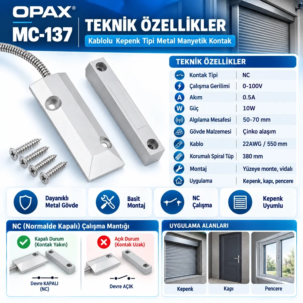 OPAX MC-137 Kablolu Metal Manyetik Kontak | Kepenk, Kapı, Pencere ve Garaj Kapısı Sensörü