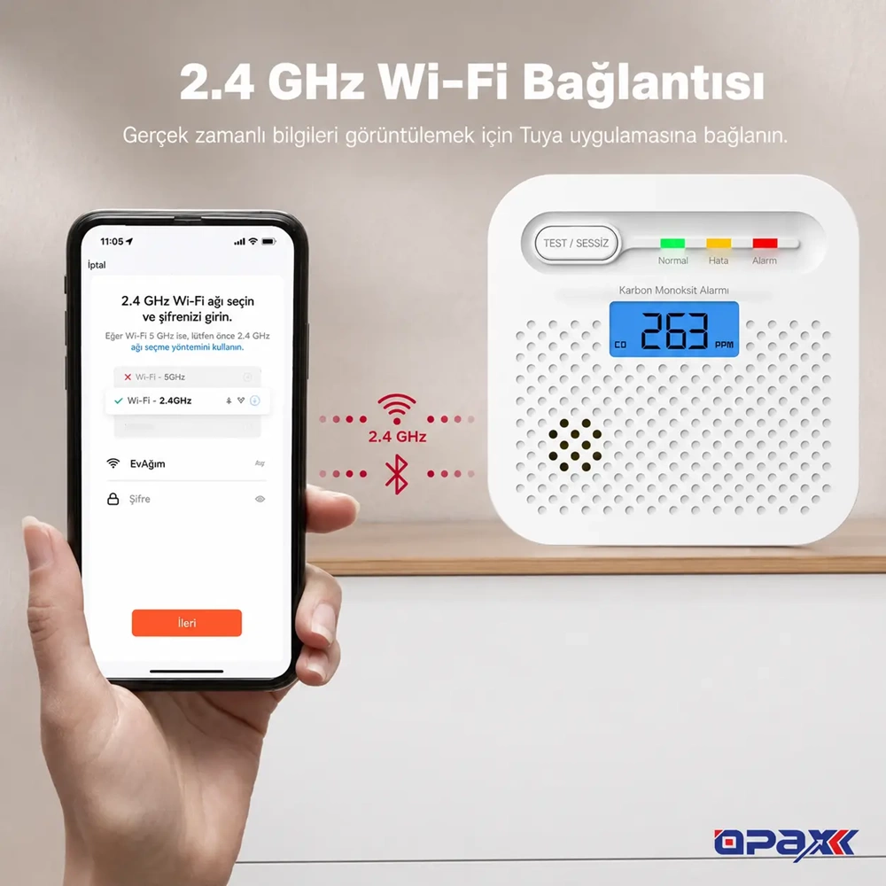 OPAX Y100A-AA-W WiFi + RF İnterlink Akıllı Karbonmonoksit Alarmı Tuya ve Opax Uyumlu