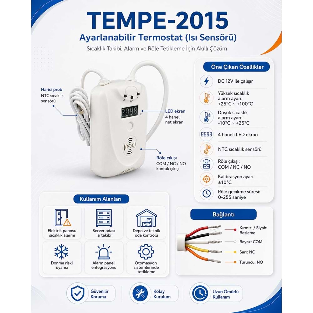 TEMPE-2015 Ayarlanabilir Termostat (Isı Sensörü) (Tüm Alarm Panellerini Destekler)