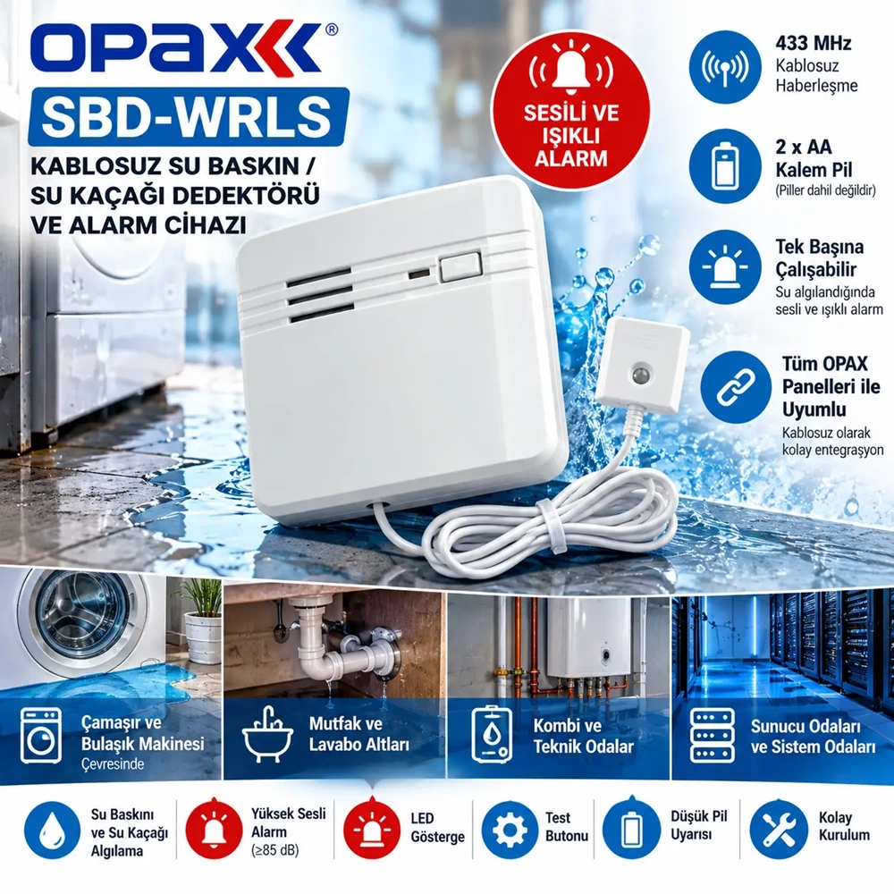 OPAX SBD-WRLS Kablosuz Su Kaçağı ve Su Baskını Dedektörü Sesli Alarm Cihazı