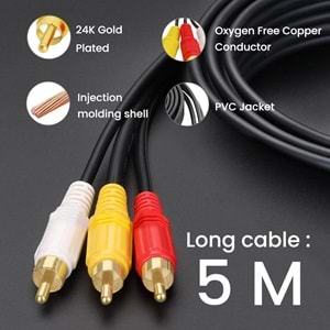6 Metre 3 RCA - 3 RCA Kompozit AV Kablosu | Stereo Ses ve Video Bağlantısı