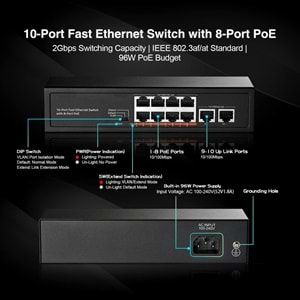 OPAX-0890W 8 PORT 10/100M POE SWITCH +2 PORT UPLINK 90W