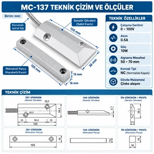 OPAX MC-137 Kablolu Metal Manyetik Kontak | Kepenk, Kapı, Pencere ve Garaj Kapısı Sensörü