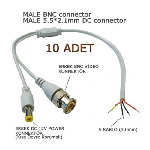 10 ADET GRİ HAZIR BNC KABLO ( ERKEK BNC-ERKEK POWER JACK) 30CM