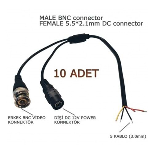 10 ADET SİYAH HAZIR BNC KABLO ( ERKEK BNC- DİŞİ POWER JACK) 30CM