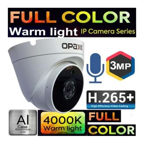 OPAX-1982W SESLİ IP 3MP H.265+ 3 WARM LIGHT FULL COLOR 3.6MM LENS METAL DOME CAMERA