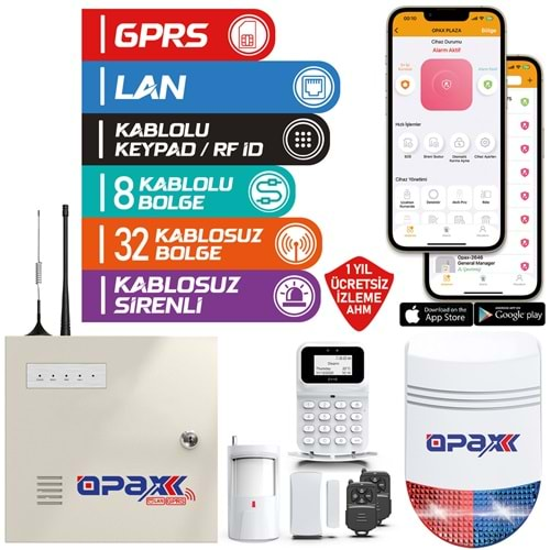 OPAX-2747+BGR-09+AKÜ GPRS&LAN ALARM PANELİ BGR-09 KABLOSUZ SİRENLİ FULL SET (1YIL AHM ÜCRETSİZ)