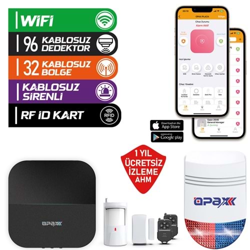 OPAX-W20-W-SİYAH +BGR-O9 SADECE WİFİ & BGR-09 KABLOSUZ SİRENLİ ALARM SİSTEMİ (1 YIL AHM ÜCRETSİZ)